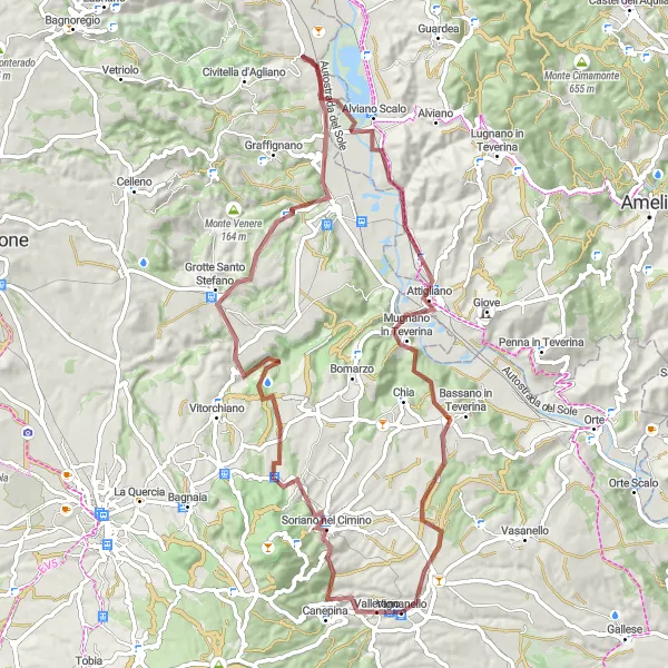 Miniatura della mappa di ispirazione al ciclismo "Soriano nel Cimino - Vignanello Gravel Cycling Route" nella regione di Lazio, Italy. Generata da Tarmacs.app, pianificatore di rotte ciclistiche