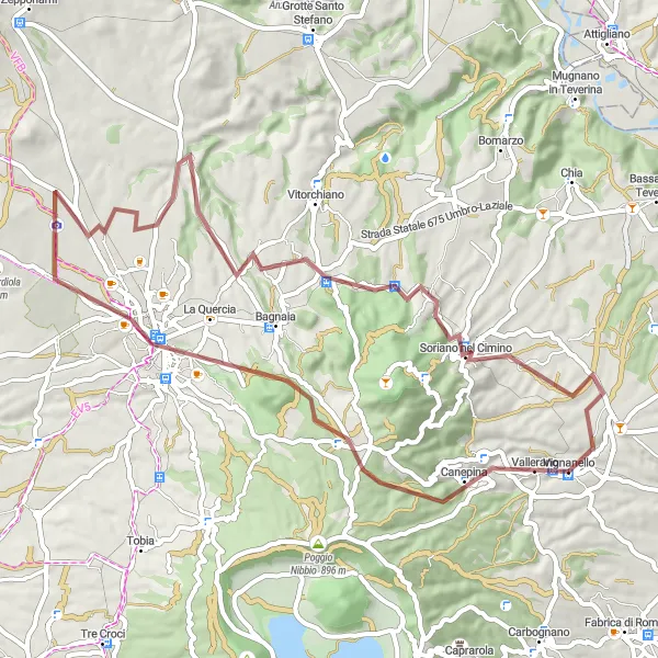 Miniatura della mappa di ispirazione al ciclismo "Avventura Gravel fino a Monte Ciliano" nella regione di Lazio, Italy. Generata da Tarmacs.app, pianificatore di rotte ciclistiche