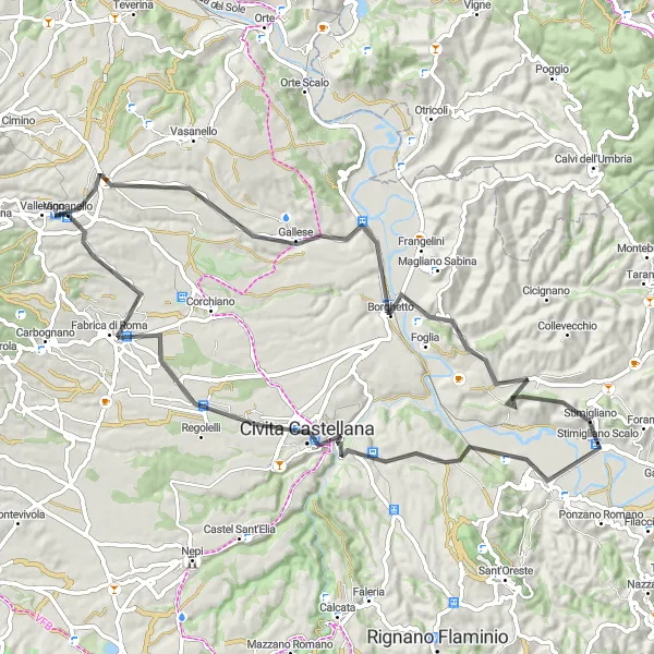 Miniatura della mappa di ispirazione al ciclismo "Scopri Civita Castellana in bici" nella regione di Lazio, Italy. Generata da Tarmacs.app, pianificatore di rotte ciclistiche