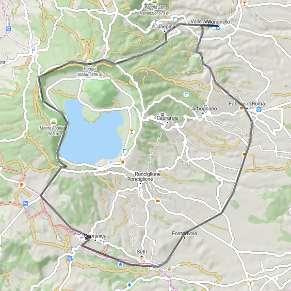 Miniatura della mappa di ispirazione al ciclismo "Tour in bici per Sutri e il Lago di Vico" nella regione di Lazio, Italy. Generata da Tarmacs.app, pianificatore di rotte ciclistiche