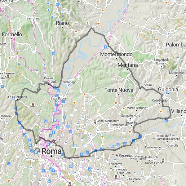 Map miniature of "Road Cycling Adventure to Porta Maggiore and Monte Ciocci" cycling inspiration in Lazio, Italy. Generated by Tarmacs.app cycling route planner