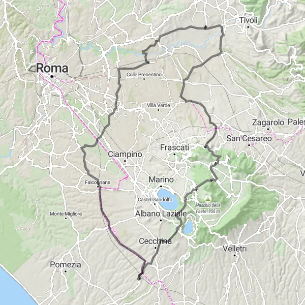 Miniatura della mappa di ispirazione al ciclismo "Passeggiata panoramica verso Monte Cavo e Tivoli Terme" nella regione di Lazio, Italy. Generata da Tarmacs.app, pianificatore di rotte ciclistiche