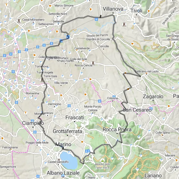 Miniatura della mappa di ispirazione al ciclismo "Giro in bicicletta da Villalba a Tivoli Terme" nella regione di Lazio, Italy. Generata da Tarmacs.app, pianificatore di rotte ciclistiche