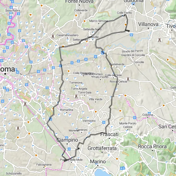 Miniatura della mappa di ispirazione al ciclismo "Avventura in bicicletta verso Lunghezza e Tivoli Terme" nella regione di Lazio, Italy. Generata da Tarmacs.app, pianificatore di rotte ciclistiche