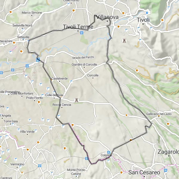 Map miniature of "Villanova - Colonna - Lunghezza - Villanova" cycling inspiration in Lazio, Italy. Generated by Tarmacs.app cycling route planner