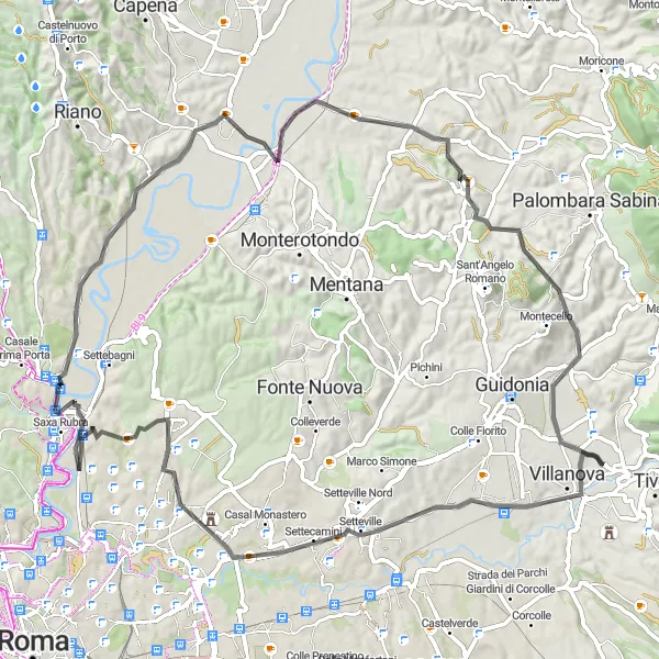 Map miniature of "Villanova - Settecamini - Saxa Rubra - Colle Badiola - Villanova" cycling inspiration in Lazio, Italy. Generated by Tarmacs.app cycling route planner