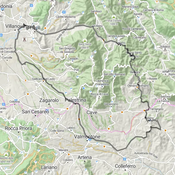 Map miniature of "Villanova - Monte Catillo - Rocca Pia - Colle Passero - Gerano - Bellegra - Paliano - Valmontone - Villanova" cycling inspiration in Lazio, Italy. Generated by Tarmacs.app cycling route planner