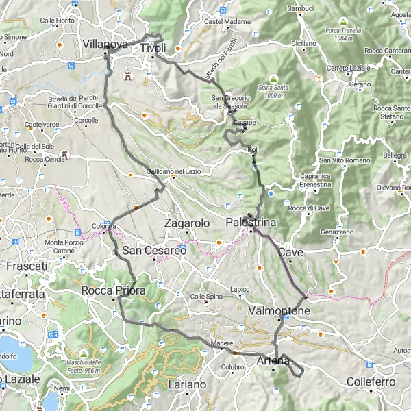 Map miniature of "Villanova - Montecatillo - Villa Gregoriana - Colle Crocetta - Palestrina - La Rocca - Monte Castellaccio - Rocca Priora - Colonna - Villanova" cycling inspiration in Lazio, Italy. Generated by Tarmacs.app cycling route planner