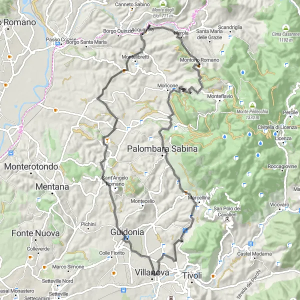 Miniatura della mappa di ispirazione al ciclismo "Esplora i dintorni di Villanova in una gita in bicicletta" nella regione di Lazio, Italy. Generata da Tarmacs.app, pianificatore di rotte ciclistiche