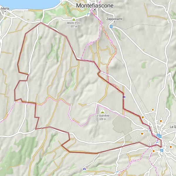 Miniatura della mappa di ispirazione al ciclismo "Avventura gravel da Viterbo a Poggio Scotta" nella regione di Lazio, Italy. Generata da Tarmacs.app, pianificatore di rotte ciclistiche