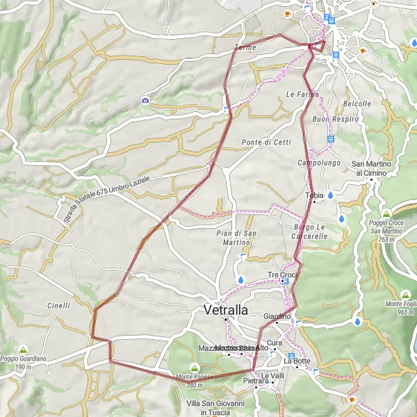 Map miniature of "Gravel Adventure: Viterbo to Terme dei Papi" cycling inspiration in Lazio, Italy. Generated by Tarmacs.app cycling route planner