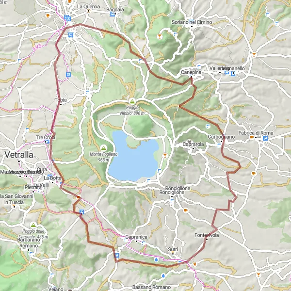 Miniatura della mappa di ispirazione al ciclismo "Giro in bicicletta da Viterbo a Monte Pizzo" nella regione di Lazio, Italy. Generata da Tarmacs.app, pianificatore di rotte ciclistiche