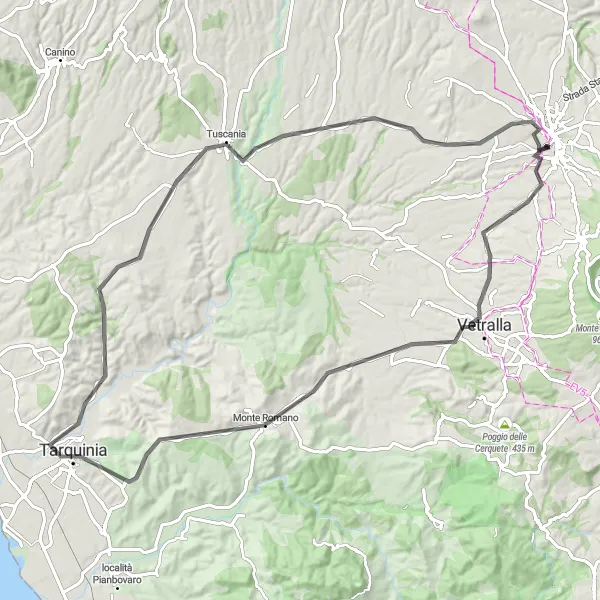 Miniatura della mappa di ispirazione al ciclismo "Giro in bici da Viterbo a Tuscania" nella regione di Lazio, Italy. Generata da Tarmacs.app, pianificatore di rotte ciclistiche