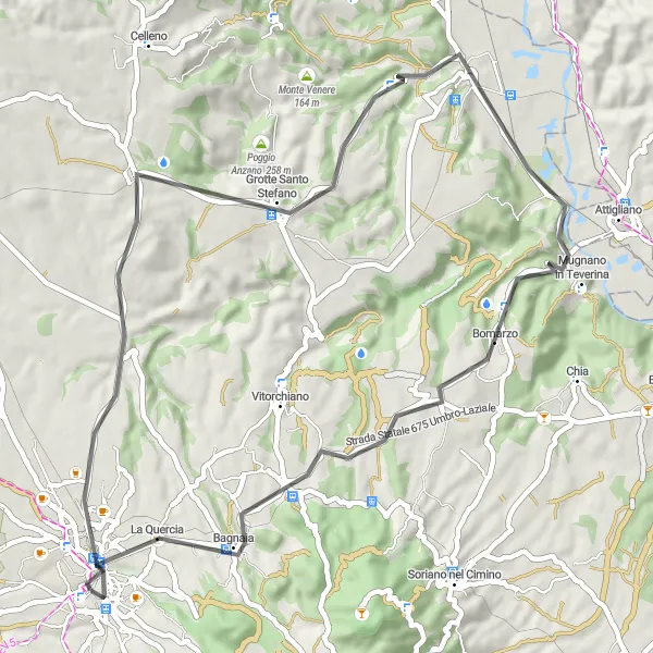 Miniatura della mappa di ispirazione al ciclismo "Giro in bicicletta alla scoperta di Bomarzo" nella regione di Lazio, Italy. Generata da Tarmacs.app, pianificatore di rotte ciclistiche
