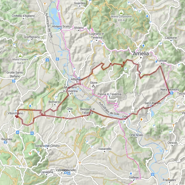 Map miniature of "The Vitorchiano Gravel Adventure" cycling inspiration in Lazio, Italy. Generated by Tarmacs.app cycling route planner