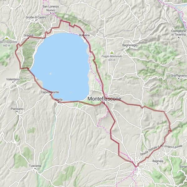 Miniatura della mappa di ispirazione al ciclismo "Esplorando Viterbo e i suoi dintorni in bicicletta" nella regione di Lazio, Italy. Generata da Tarmacs.app, pianificatore di rotte ciclistiche