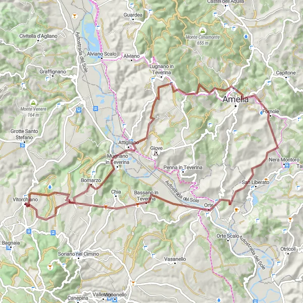 Map miniature of "Gravel Adventure in Teverina" cycling inspiration in Lazio, Italy. Generated by Tarmacs.app cycling route planner