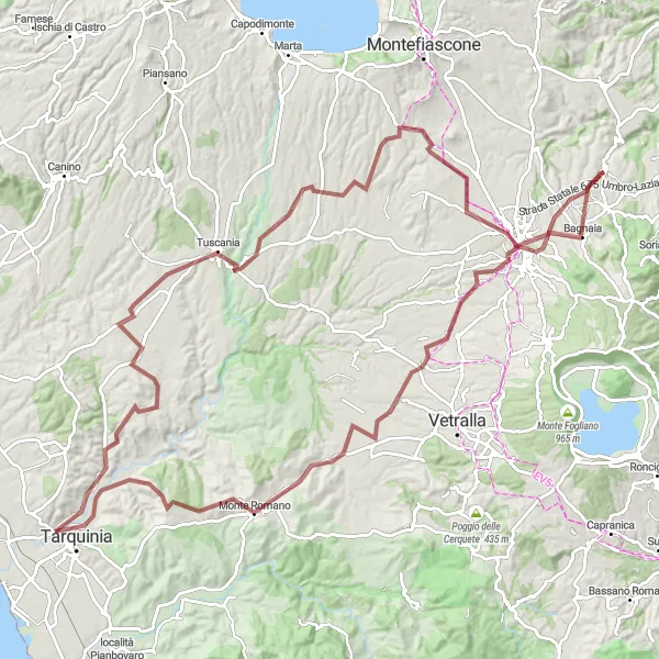 Miniatura della mappa di ispirazione al ciclismo "Tour in bicicletta da Vitorchiano a Tarquinia attraverso Tuscania e Monte della pippa" nella regione di Lazio, Italy. Generata da Tarmacs.app, pianificatore di rotte ciclistiche