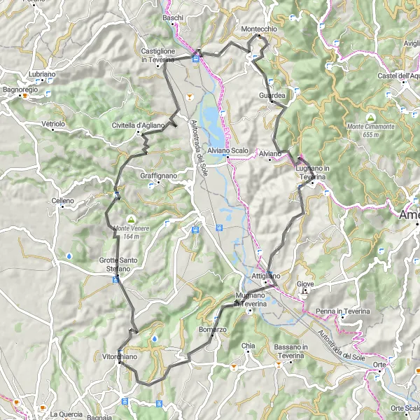 Miniatura della mappa di ispirazione al ciclismo "Giro in bici stradale da Vitorchiano" nella regione di Lazio, Italy. Generata da Tarmacs.app, pianificatore di rotte ciclistiche