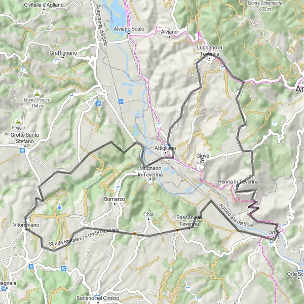 Map miniature of "The Teverina Loop" cycling inspiration in Lazio, Italy. Generated by Tarmacs.app cycling route planner