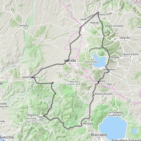 Miniatura della mappa di ispirazione al ciclismo "Avventuroso itinerario ciclistico da Vitorchiano a Monte Cerreto e Vetralla" nella regione di Lazio, Italy. Generata da Tarmacs.app, pianificatore di rotte ciclistiche