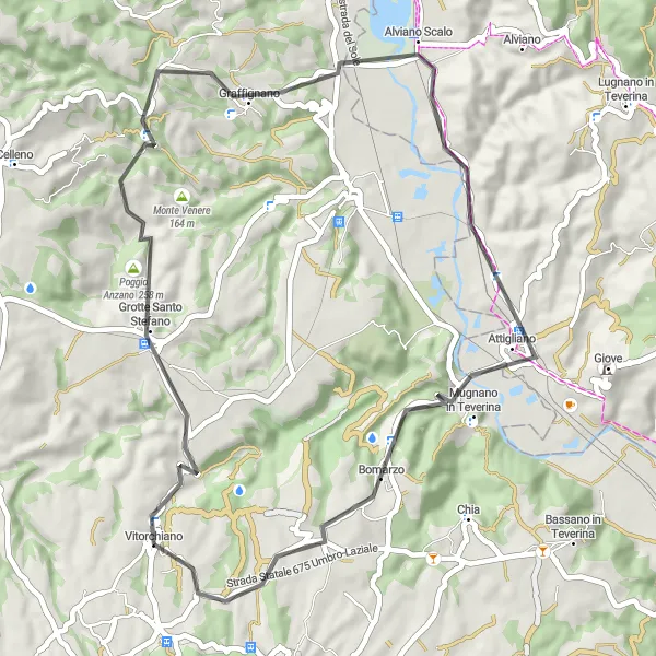 Miniatura della mappa di ispirazione al ciclismo "Giro delle Colline Vitorchianesi" nella regione di Lazio, Italy. Generata da Tarmacs.app, pianificatore di rotte ciclistiche