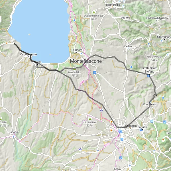 Miniatura della mappa di ispirazione al ciclismo "Tour in bicicletta da Vitorchiano a Montefiascone e la Cascata Dell'infernaccio" nella regione di Lazio, Italy. Generata da Tarmacs.app, pianificatore di rotte ciclistiche