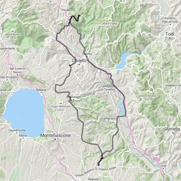 Miniatura della mappa di ispirazione al ciclismo "Tour in bicicletta tra Vitorchiano e Sipicciano" nella regione di Lazio, Italy. Generata da Tarmacs.app, pianificatore di rotte ciclistiche