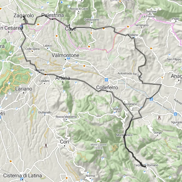 Miniatura della mappa di ispirazione al ciclismo "Giro Ciclistico delle Antiche Città" nella regione di Lazio, Italy. Generata da Tarmacs.app, pianificatore di rotte ciclistiche