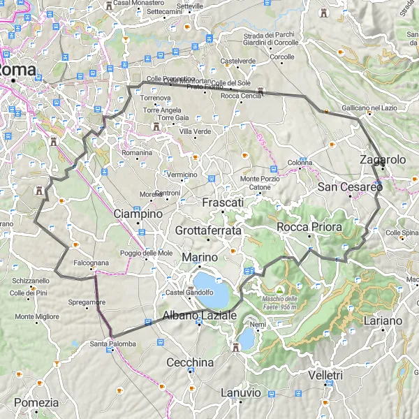 Miniatura della mappa di ispirazione al ciclismo "Rotta Panoramica tra Colline e Lago" nella regione di Lazio, Italy. Generata da Tarmacs.app, pianificatore di rotte ciclistiche
