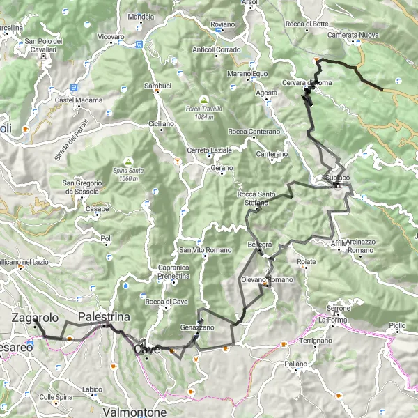 Miniatura della mappa di ispirazione al ciclismo "Giro in bicicletta dalle colline di Zagarolo a Subiaco" nella regione di Lazio, Italy. Generata da Tarmacs.app, pianificatore di rotte ciclistiche