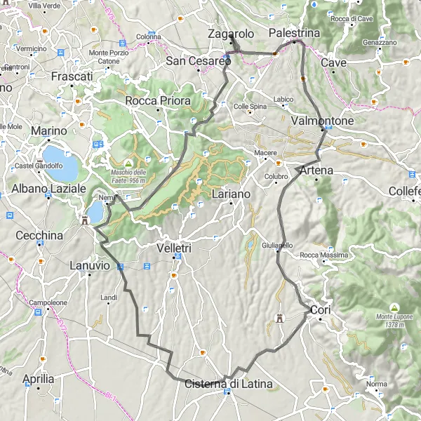 Miniatura della mappa di ispirazione al ciclismo "Giro in bicicletta Zagarolo - Nemi" nella regione di Lazio, Italy. Generata da Tarmacs.app, pianificatore di rotte ciclistiche