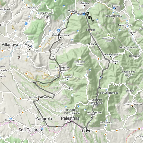 Miniatura della mappa di ispirazione al ciclismo "Giro in bicicletta intorno a Zagarolo" nella regione di Lazio, Italy. Generata da Tarmacs.app, pianificatore di rotte ciclistiche