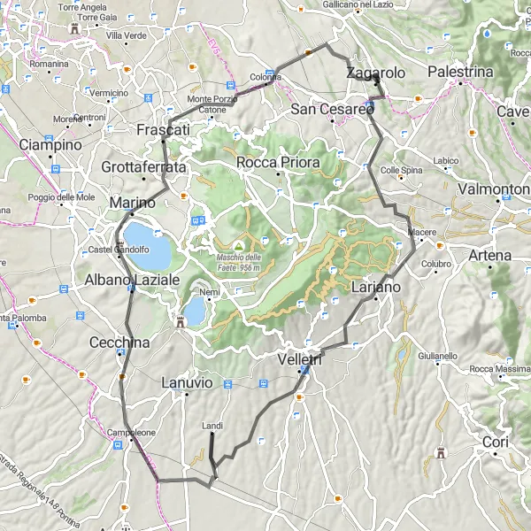 Miniatura della mappa di ispirazione al ciclismo "Giro dei Castelli Romani" nella regione di Lazio, Italy. Generata da Tarmacs.app, pianificatore di rotte ciclistiche