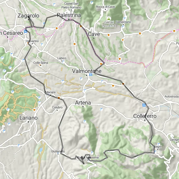 Miniatura della mappa di ispirazione al ciclismo "Circuito panoramico tra Rocca Massima e Zagarolo" nella regione di Lazio, Italy. Generata da Tarmacs.app, pianificatore di rotte ciclistiche