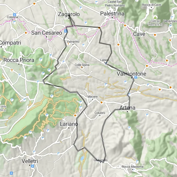 Miniatura della mappa di ispirazione al ciclismo "Giro in bici da Zagarolo a Monte Castellaccio" nella regione di Lazio, Italy. Generata da Tarmacs.app, pianificatore di rotte ciclistiche