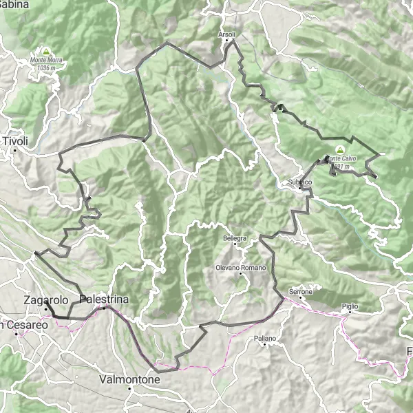 Miniatura della mappa di ispirazione al ciclismo "Cicloturismo tra Zagarolo e Cave attraverso Roccasecca" nella regione di Lazio, Italy. Generata da Tarmacs.app, pianificatore di rotte ciclistiche