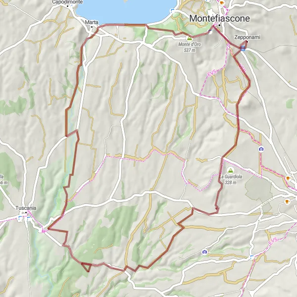 Map miniature of "Gravel Ride to Monte Razzano, Monte di Marta, and Monte d'Oro" cycling inspiration in Lazio, Italy. Generated by Tarmacs.app cycling route planner