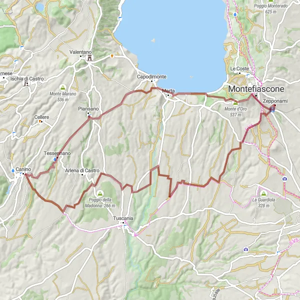 Map miniature of "Gravel Ride through Poggio della Lestra, Poggio delle Guardie, and Le Mosse" cycling inspiration in Lazio, Italy. Generated by Tarmacs.app cycling route planner