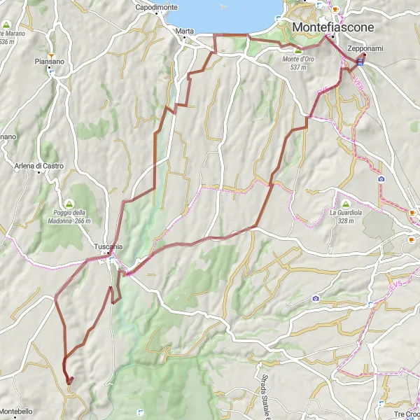 Map miniature of "Gravel Adventure to Tuscania" cycling inspiration in Lazio, Italy. Generated by Tarmacs.app cycling route planner