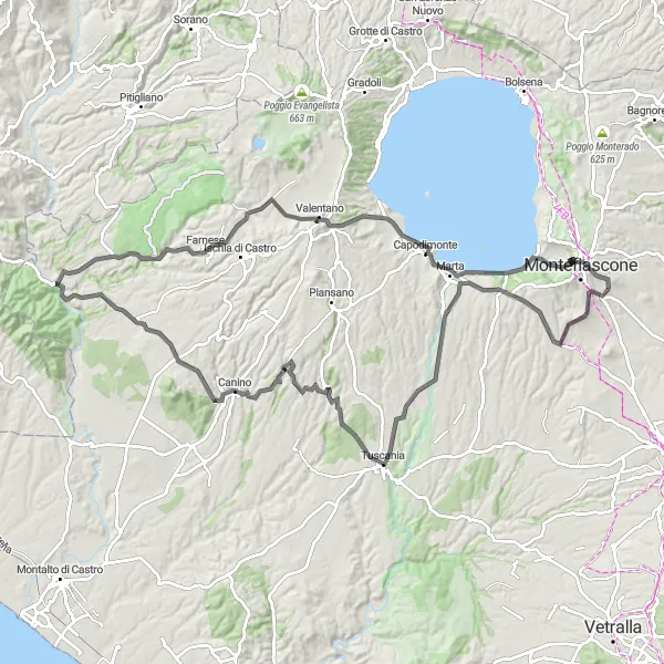 Map miniature of "Road Cycling Adventure to Poggio della Lestra, Tuscania, and Montefiascone" cycling inspiration in Lazio, Italy. Generated by Tarmacs.app cycling route planner