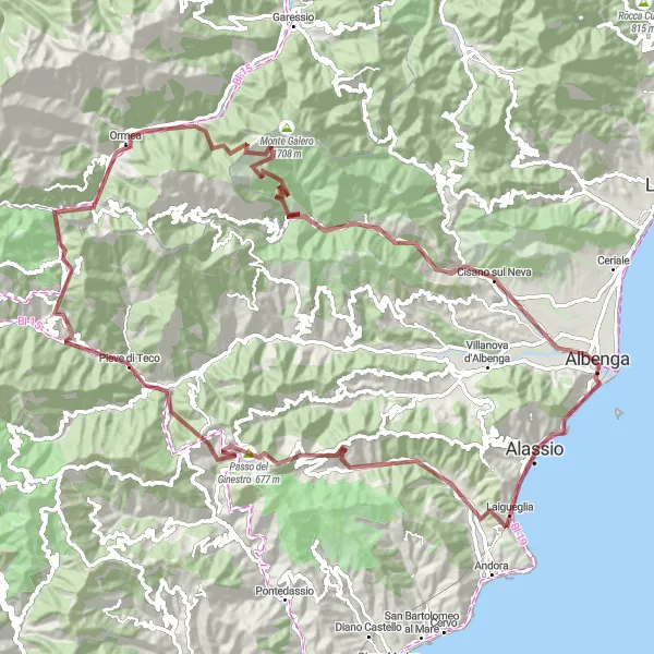 Map miniature of "Gravel Adventure: From Albenga to Rocca Liverna" cycling inspiration in Liguria, Italy. Generated by Tarmacs.app cycling route planner