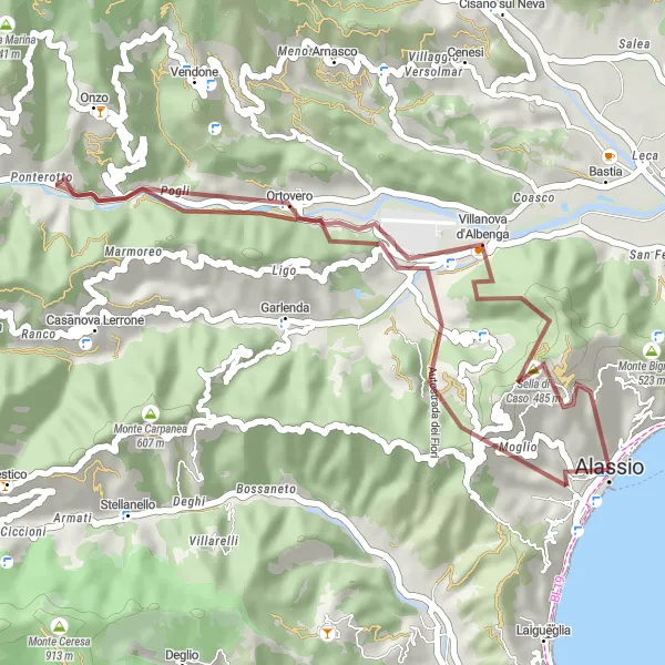 Map miniature of "The Off-Road Adventure: Villanova d'Albenga to Moglio" cycling inspiration in Liguria, Italy. Generated by Tarmacs.app cycling route planner