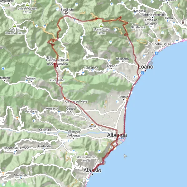 Map miniature of "Gravel Adventure near Alassio" cycling inspiration in Liguria, Italy. Generated by Tarmacs.app cycling route planner