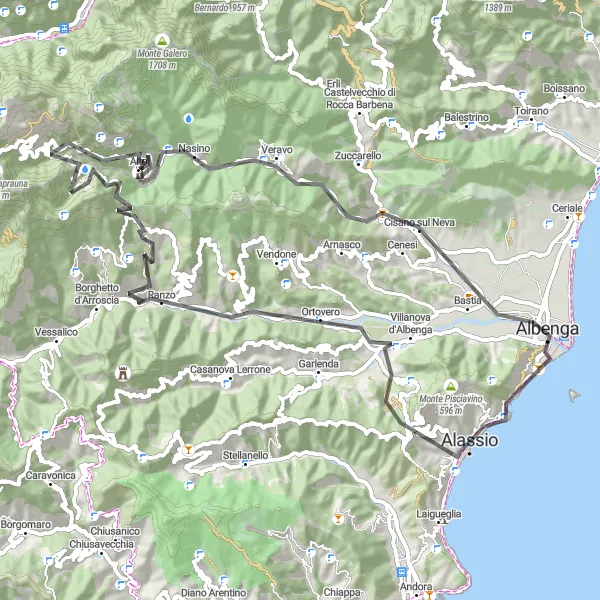 Miniatura della mappa di ispirazione al ciclismo "Giro in bici da Alassio attraverso Ortovero e Albenga" nella regione di Liguria, Italy. Generata da Tarmacs.app, pianificatore di rotte ciclistiche