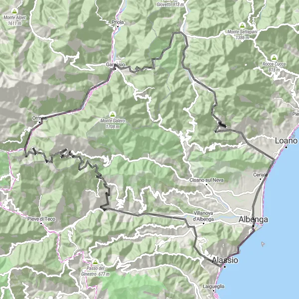 Map miniature of "The Ultimate Alpine Challenge: From Albenga to Garessio" cycling inspiration in Liguria, Italy. Generated by Tarmacs.app cycling route planner