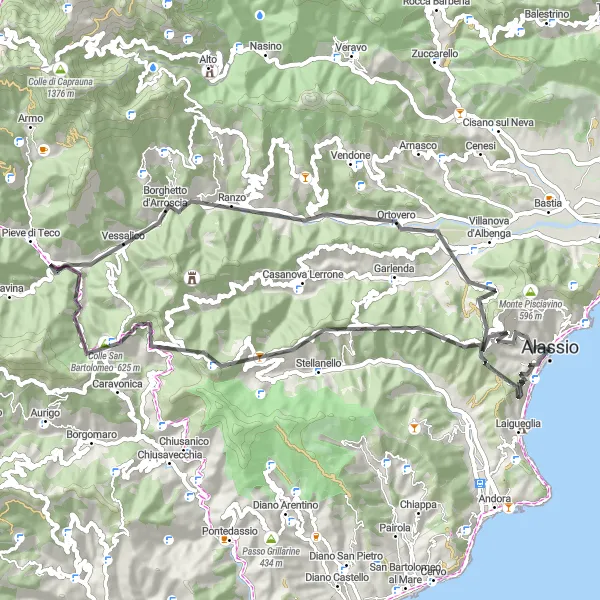Miniature de la carte de l'inspiration cycliste "Balade à travers les collines ligures" dans la Liguria, Italy. Générée par le planificateur d'itinéraire cycliste Tarmacs.app