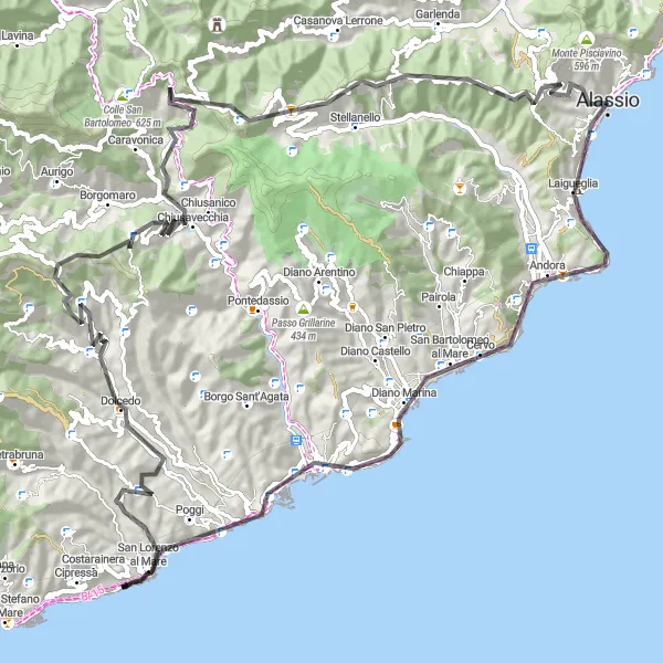 Miniatura della mappa di ispirazione al ciclismo "Tra Monti e Mare" nella regione di Liguria, Italy. Generata da Tarmacs.app, pianificatore di rotte ciclistiche