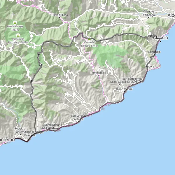 Miniatura della mappa di ispirazione al ciclismo "Giro della Riviera dei Fiori" nella regione di Liguria, Italy. Generata da Tarmacs.app, pianificatore di rotte ciclistiche