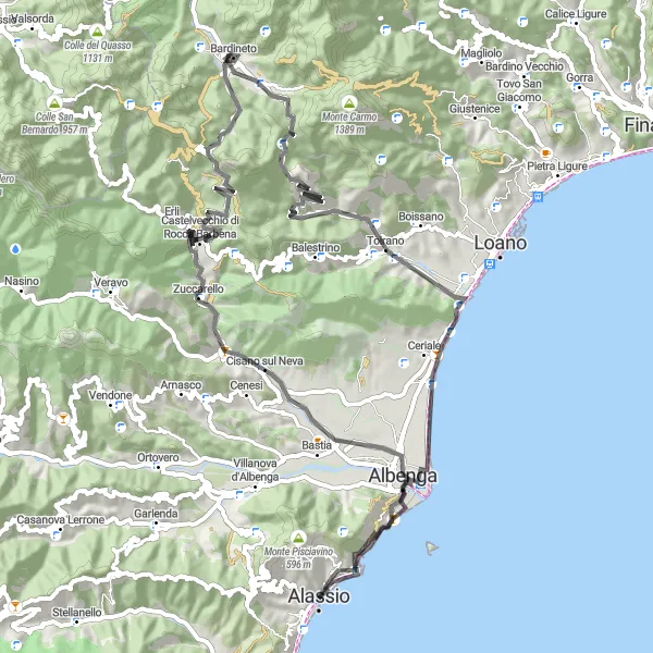 Miniatura della mappa di ispirazione al ciclismo "Tour in bicicletta da Alassio a Monte Bignone" nella regione di Liguria, Italy. Generata da Tarmacs.app, pianificatore di rotte ciclistiche